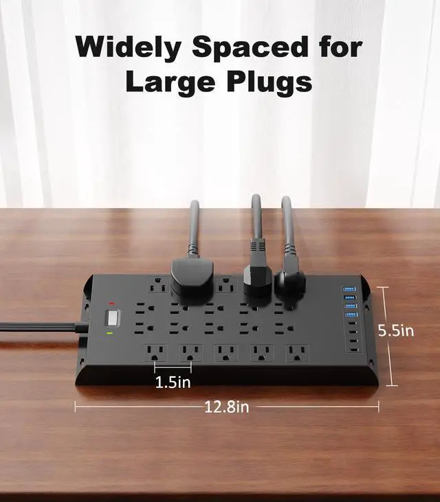 Alt view image 7 of 7 - Surge Protector Power Strip 4800J, LeZone 10Ft Long Extension Cord Flat Plug, 20 Outlets 4 USB-A 4 USB-C Ports, Wall Mountable, Home Office Dorm Essentials, Black