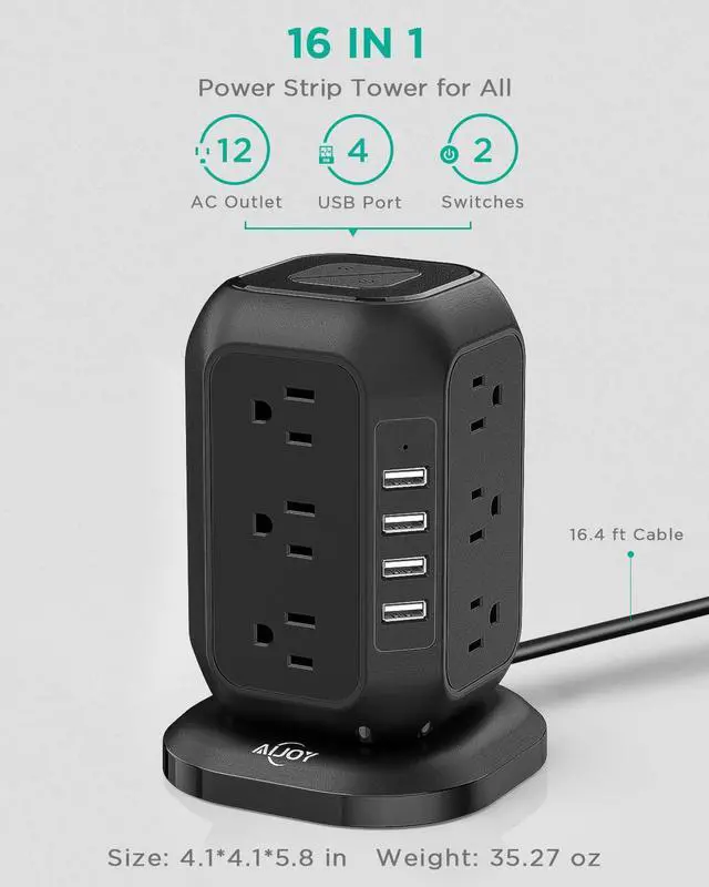 Alt view image 2 of 7 - AiJoy Power Strip Tower 16.4 ft Cord, Surge Protector with 12 AC Outlet and 4 USB Ports, Charging Station Extension Cord with Multiple Outlets for Home, Office, Dorm Room Essentials