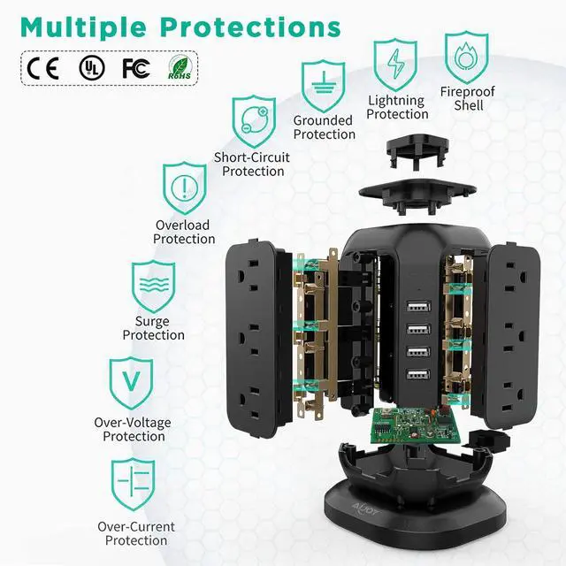 Alt view image 7 of 7 - AiJoy Power Strip Tower 16.4 ft Cord, Surge Protector with 12 AC Outlet and 4 USB Ports, Charging Station Extension Cord with Multiple Outlets for Home, Office, Dorm Room Essentials
