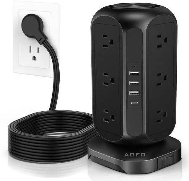 Main image of Power Strip Tower AOFO 12 AC Outlets with 4 USB(1 USB C) Ports Charging Station with Overload Protection, Widely Spaced Multiple Outlets with 10Ft Extension Cord for Home,Dorm & Office