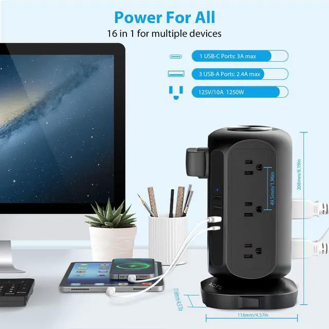 Alt view image 3 of 7 - Power Strip Tower AOFO 12 AC Outlets with 4 USB(1 USB C) Ports Charging Station with Overload Protection, Widely Spaced Multiple Outlets with 10Ft Extension Cord for Home,Dorm & Office