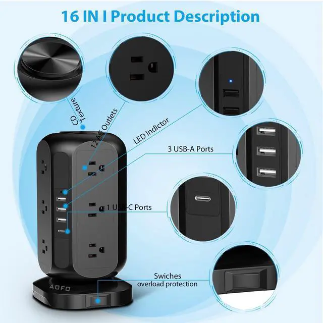 Alt view image 4 of 7 - Power Strip Tower AOFO 12 AC Outlets with 4 USB(1 USB C) Ports Charging Station with Overload Protection, Widely Spaced Multiple Outlets with 10Ft Extension Cord for Home,Dorm & Office