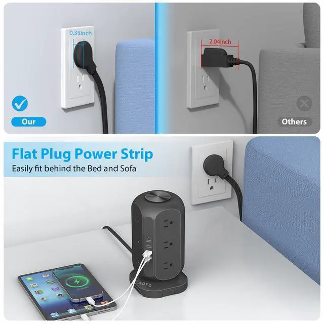 Alt view image 7 of 7 - Power Strip Tower AOFO 12 AC Outlets with 4 USB(1 USB C) Ports Charging Station with Overload Protection, Widely Spaced Multiple Outlets with 10Ft Extension Cord for Home,Dorm & Office