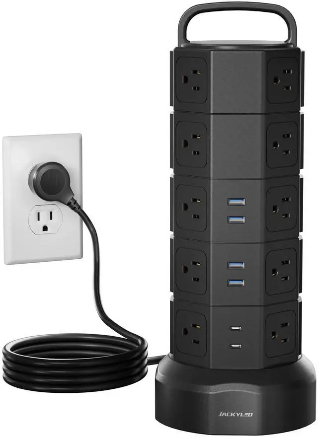 Main image of JACKYLED Power Strip Tower Surge Protector, 20 AC 6 USB (2 USB C), 1050J | 6.5Ft Retractable Extension Cord with Multiple Outlets, 1625W/13A Outlet Extender,USB Charging Station for Home Office Garage