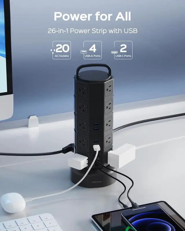 Alt view image 2 of 7 - JACKYLED Power Strip Tower Surge Protector, 20 AC 6 USB (2 USB C), 1050J | 6.5Ft Retractable Extension Cord with Multiple Outlets, 1625W/13A Outlet Extender,USB Charging Station for Home Office Garage