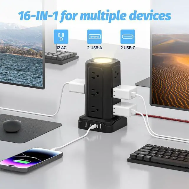 Alt view image 2 of 7 - PASSUS Power Strip with USB Ports (2 USB C), 10FT Extension Cord | Surge Protection, Charging Tower, 1625W/13A, Multiple Outlets, Home Office Supplies Dorm Essentials