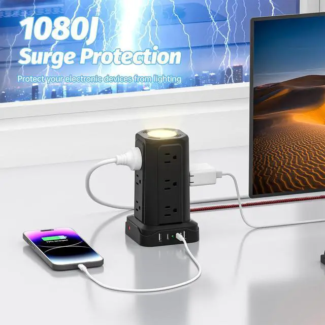 Alt view image 4 of 7 - PASSUS Power Strip with USB Ports (2 USB C), 10FT Extension Cord | Surge Protection, Charging Tower, 1625W/13A, Multiple Outlets, Home Office Supplies Dorm Essentials