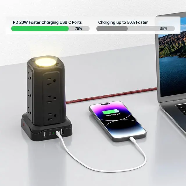 Alt view image 5 of 7 - PASSUS Power Strip with USB Ports (2 USB C), 10FT Extension Cord | Surge Protection, Charging Tower, 1625W/13A, Multiple Outlets, Home Office Supplies Dorm Essentials
