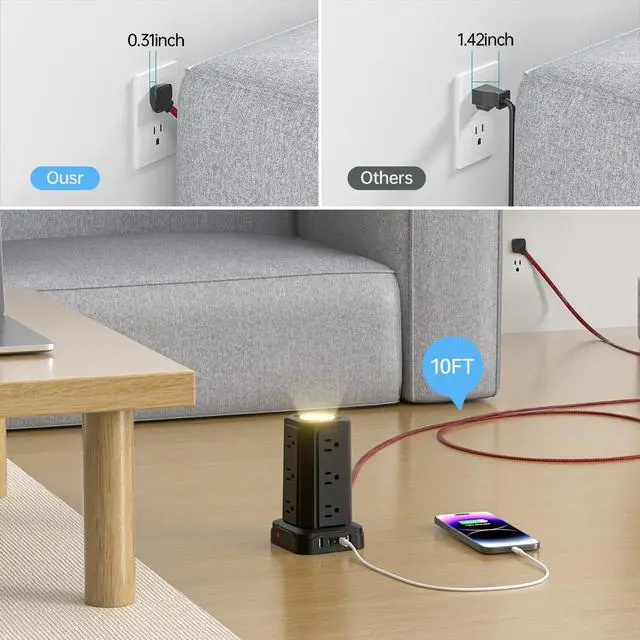 Alt view image 6 of 7 - PASSUS Power Strip with USB Ports (2 USB C), 10FT Extension Cord | Surge Protection, Charging Tower, 1625W/13A, Multiple Outlets, Home Office Supplies Dorm Essentials