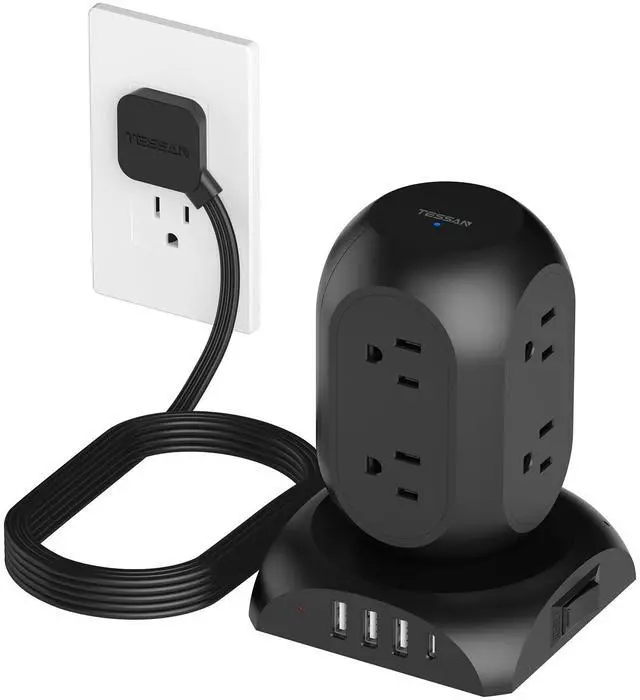 Main image of TESSAN Flat Plug Tower Power Strip with 1050J Surge Protector, 10 Ft, Black | 8 AC with 4 USB Ports (1 USB C), Multiple Plug Power Tower with 8 Widely Spaced Outlets for Home, Office, Dorm Room