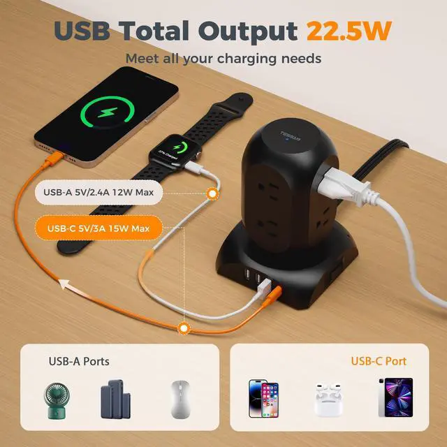 Alt view image 3 of 7 - TESSAN Flat Plug Tower Power Strip with 1050J Surge Protector, 10 Ft, Black | 8 AC with 4 USB Ports (1 USB C), Multiple Plug Power Tower with 8 Widely Spaced Outlets for Home, Office, Dorm Room