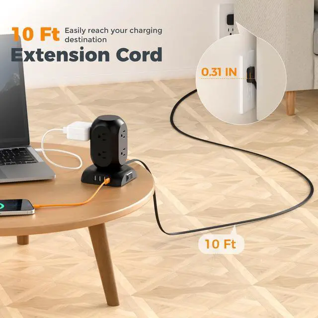Alt view image 2 of 7 - TESSAN Flat Plug Tower Power Strip with 1050J Surge Protector, 10 Ft, Black | 8 AC with 4 USB Ports (1 USB C), Multiple Plug Power Tower with 8 Widely Spaced Outlets for Home, Office, Dorm Room