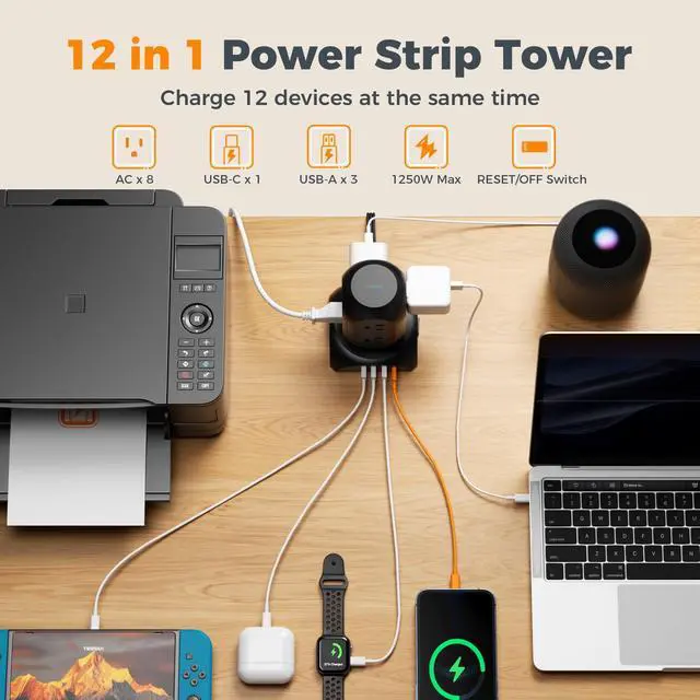 Alt view image 4 of 7 - TESSAN Flat Plug Tower Power Strip with 1050J Surge Protector, 10 Ft, Black | 8 AC with 4 USB Ports (1 USB C), Multiple Plug Power Tower with 8 Widely Spaced Outlets for Home, Office, Dorm Room