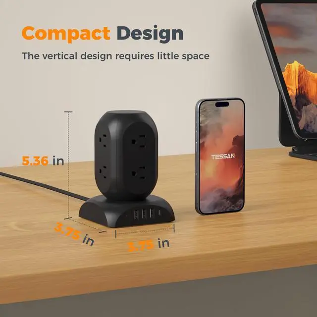 Alt view image 5 of 7 - TESSAN Flat Plug Tower Power Strip with 1050J Surge Protector, 10 Ft, Black | 8 AC with 4 USB Ports (1 USB C), Multiple Plug Power Tower with 8 Widely Spaced Outlets for Home, Office, Dorm Room