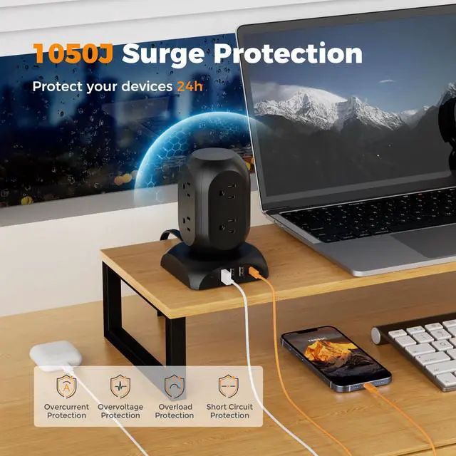 Alt view image 6 of 7 - TESSAN Flat Plug Tower Power Strip with 1050J Surge Protector, 10 Ft, Black | 8 AC with 4 USB Ports (1 USB C), Multiple Plug Power Tower with 8 Widely Spaced Outlets for Home, Office, Dorm Room