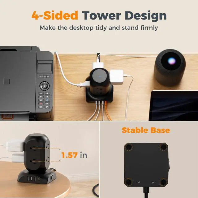 Alt view image 7 of 7 - TESSAN Flat Plug Tower Power Strip with 1050J Surge Protector, 10 Ft, Black | 8 AC with 4 USB Ports (1 USB C), Multiple Plug Power Tower with 8 Widely Spaced Outlets for Home, Office, Dorm Room