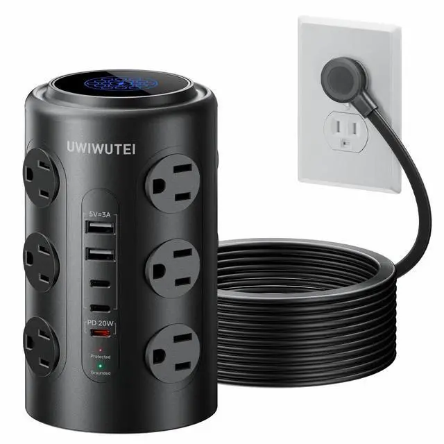 Main image of Tower Power Strip with 1 Dedicated PD 20W Fast-Charging Port, 12 Outlets, 5 USB Ports (3 USB-C), Desk Charging Station for Multiple Devices, 6FT Extension CordBlack