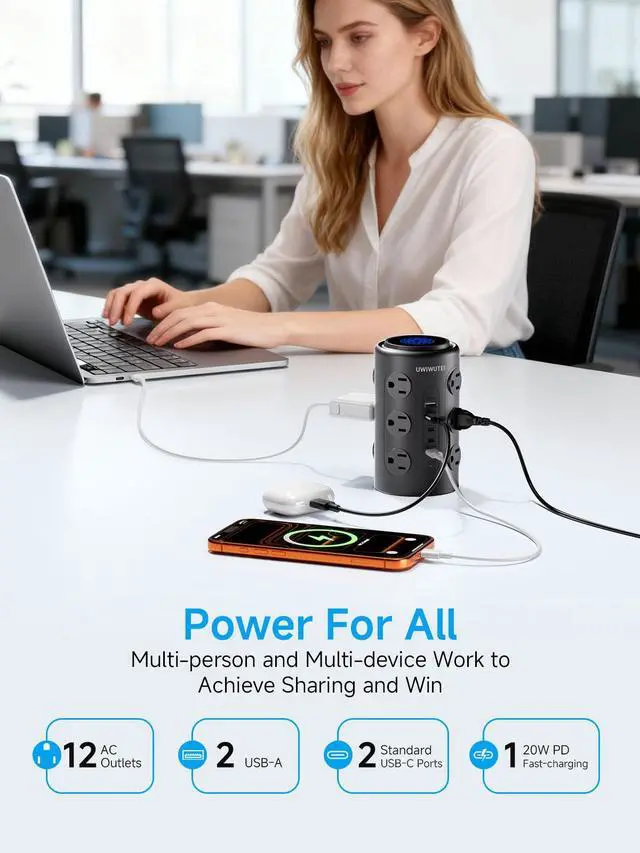 Alt view image 3 of 6 - Tower Power Strip with 1 Dedicated PD 20W Fast-Charging Port, 12 Outlets, 5 USB Ports (3 USB-C), Desk Charging Station for Multiple Devices, 6FT Extension CordBlack