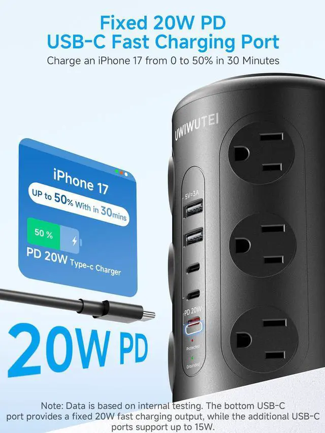 Alt view image 2 of 6 - Tower Power Strip with 1 Dedicated PD 20W Fast-Charging Port, 12 Outlets, 5 USB Ports (3 USB-C), Desk Charging Station for Multiple Devices, 6FT Extension CordBlack