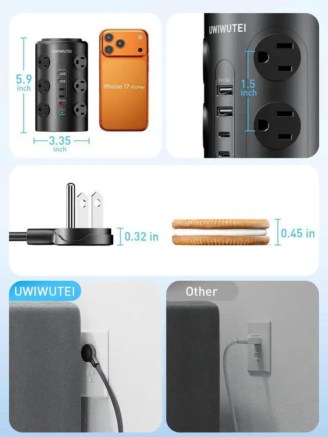 Alt view image 6 of 6 - Tower Power Strip with 1 Dedicated PD 20W Fast-Charging Port, 12 Outlets, 5 USB Ports (3 USB-C), Desk Charging Station for Multiple Devices, 6FT Extension CordBlack