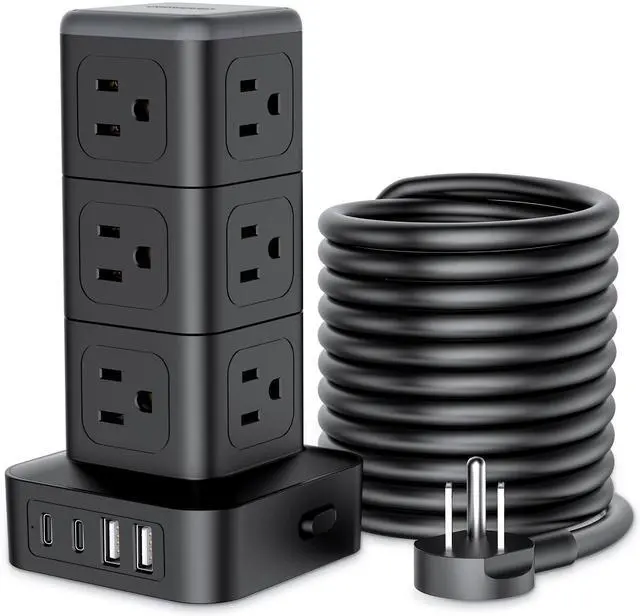 Main image of NTONPOWER 15 FT Power Strip Surge Protector Tower, Mini Flat Plug Power Strip Tower, 12 AC & 4 USB (2 USB C), 1625W / 13A Overload Protection, 1080J Surge Protector Tower for Home Office Dorm Room