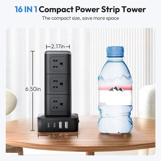 Alt view image 3 of 7 - NTONPOWER 15 FT Power Strip Surge Protector Tower, Mini Flat Plug Power Strip Tower, 12 AC & 4 USB (2 USB C), 1625W / 13A Overload Protection, 1080J Surge Protector Tower for Home Office Dorm Room