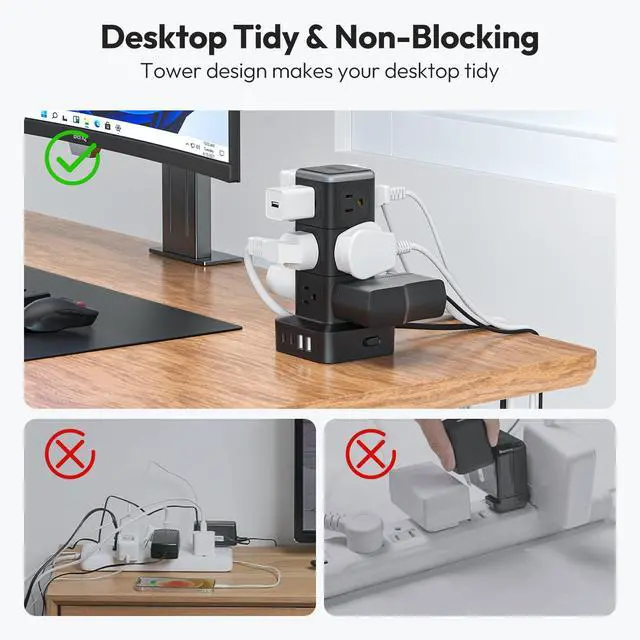 Alt view image 2 of 7 - NTONPOWER 15 FT Power Strip Surge Protector Tower, Mini Flat Plug Power Strip Tower, 12 AC & 4 USB (2 USB C), 1625W / 13A Overload Protection, 1080J Surge Protector Tower for Home Office Dorm Room
