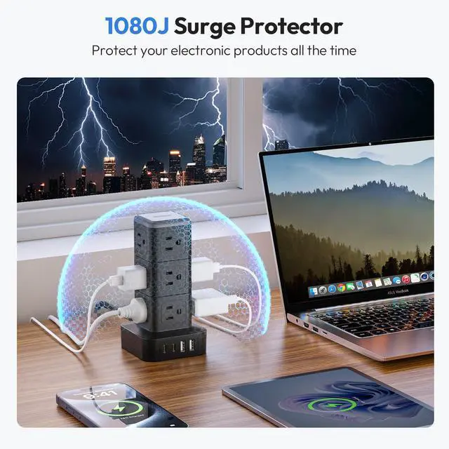 Alt view image 4 of 7 - NTONPOWER 15 FT Power Strip Surge Protector Tower, Mini Flat Plug Power Strip Tower, 12 AC & 4 USB (2 USB C), 1625W / 13A Overload Protection, 1080J Surge Protector Tower for Home Office Dorm Room