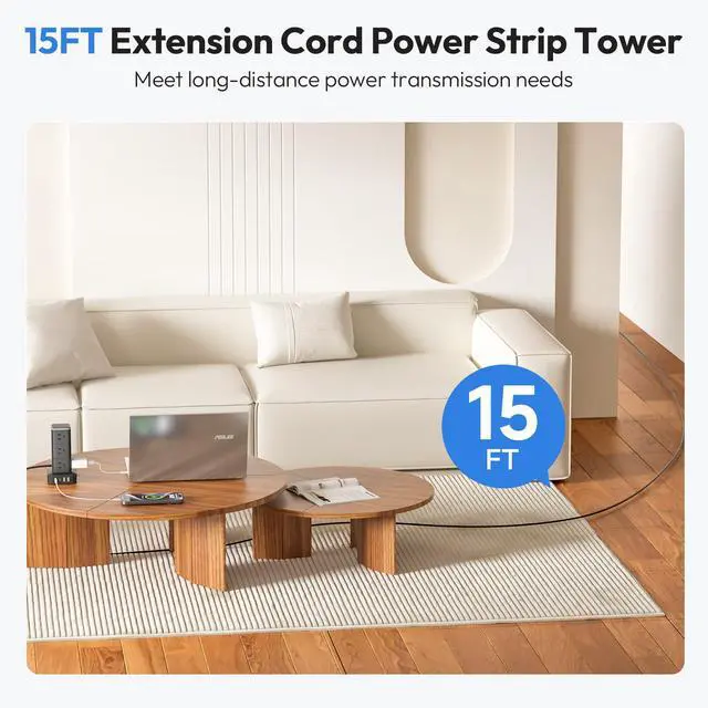 Alt view image 5 of 7 - NTONPOWER 15 FT Power Strip Surge Protector Tower, Mini Flat Plug Power Strip Tower, 12 AC & 4 USB (2 USB C), 1625W / 13A Overload Protection, 1080J Surge Protector Tower for Home Office Dorm Room