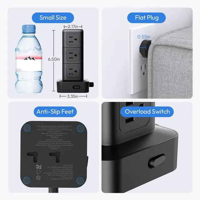 Alt view image 6 of 7 - NTONPOWER 15 FT Power Strip Surge Protector Tower, Mini Flat Plug Power Strip Tower, 12 AC & 4 USB (2 USB C), 1625W / 13A Overload Protection, 1080J Surge Protector Tower for Home Office Dorm Room