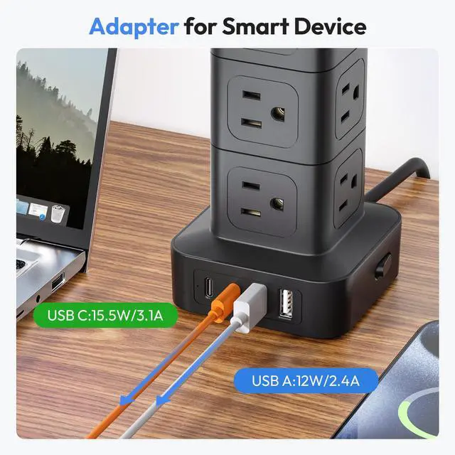 Alt view image 7 of 7 - NTONPOWER 15 FT Power Strip Surge Protector Tower, Mini Flat Plug Power Strip Tower, 12 AC & 4 USB (2 USB C), 1625W / 13A Overload Protection, 1080J Surge Protector Tower for Home Office Dorm Room