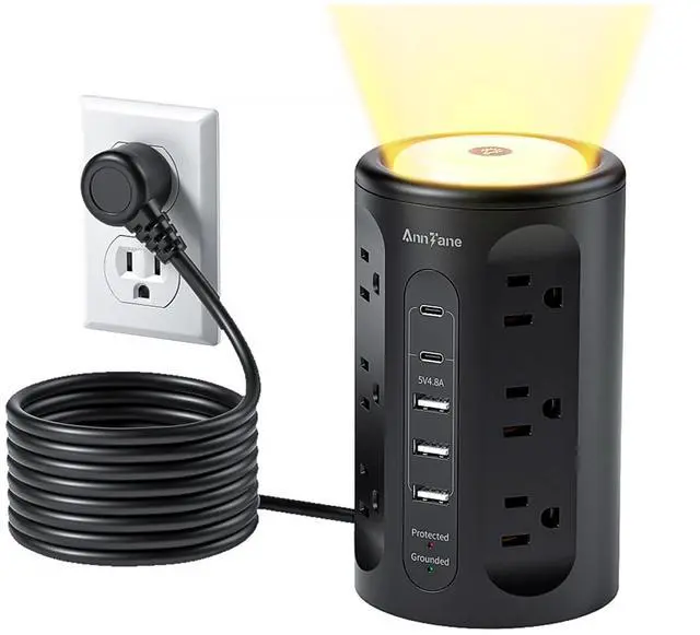 Main image of Power Strip Tower with Night Light, Power Strip with USB Ports, 10 FT Extension Cord with Multiple Outlets (12AC+3A+2C) for Home Office Desk College Dorm Room Supplies