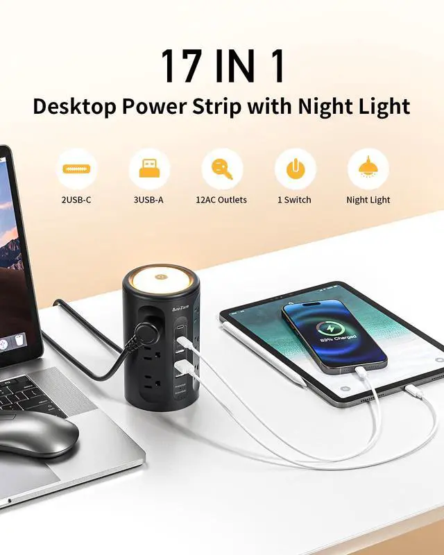 Alt view image 2 of 6 - Power Strip Tower with Night Light, Power Strip with USB Ports, 10 FT Extension Cord with Multiple Outlets (12AC+3A+2C) for Home Office Desk College Dorm Room Supplies
