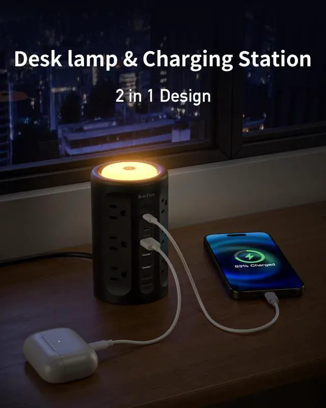 Alt view image 3 of 6 - Power Strip Tower with Night Light, Power Strip with USB Ports, 10 FT Extension Cord with Multiple Outlets (12AC+3A+2C) for Home Office Desk College Dorm Room Supplies