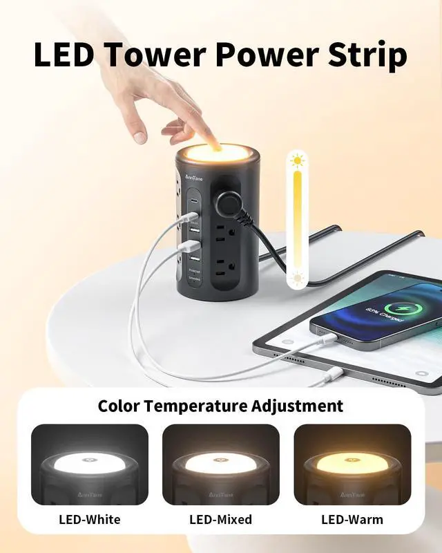 Alt view image 4 of 6 - Power Strip Tower with Night Light, Power Strip with USB Ports, 10 FT Extension Cord with Multiple Outlets (12AC+3A+2C) for Home Office Desk College Dorm Room Supplies