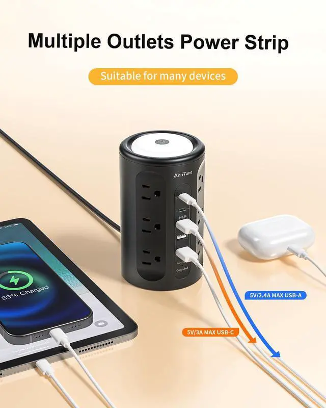 Alt view image 5 of 6 - Power Strip Tower with Night Light, Power Strip with USB Ports, 10 FT Extension Cord with Multiple Outlets (12AC+3A+2C) for Home Office Desk College Dorm Room Supplies