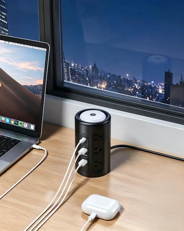Alt view image 6 of 6 - Power Strip Tower with Night Light, Power Strip with USB Ports, 10 FT Extension Cord with Multiple Outlets (12AC+3A+2C) for Home Office Desk College Dorm Room Supplies