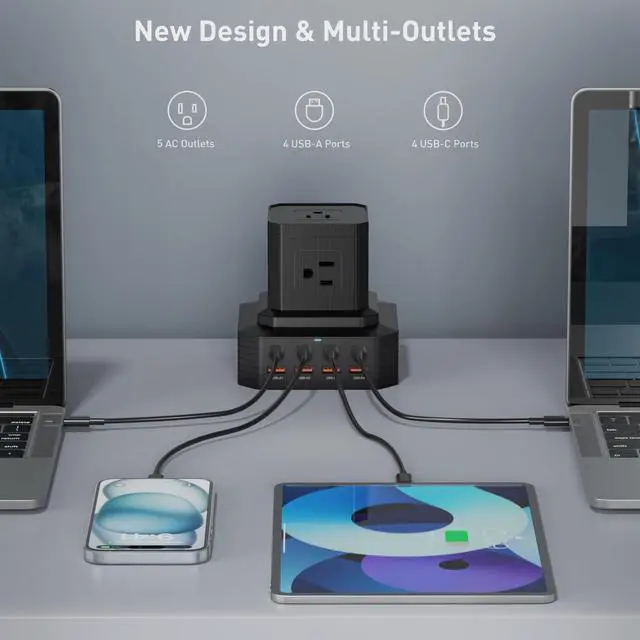 Alt view image 2 of 6 - GEEK FULLY Charging Station (100W), 13-in-1 USB C Power Strip with Surge Protection, 6.6Ft Extension Cord, 4 USB C and 4 USB A Ports, 5 AC Outlets for Home Office Dorm Room