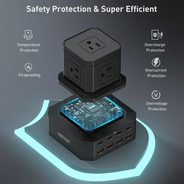 Alt view image 3 of 6 - GEEK FULLY Charging Station (100W), 13-in-1 USB C Power Strip with Surge Protection, 6.6Ft Extension Cord, 4 USB C and 4 USB A Ports, 5 AC Outlets for Home Office Dorm Room