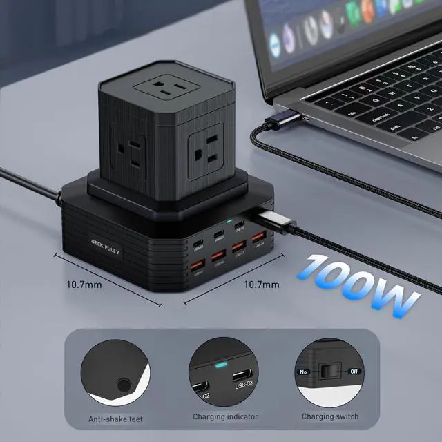 Alt view image 4 of 6 - GEEK FULLY Charging Station (100W), 13-in-1 USB C Power Strip with Surge Protection, 6.6Ft Extension Cord, 4 USB C and 4 USB A Ports, 5 AC Outlets for Home Office Dorm Room