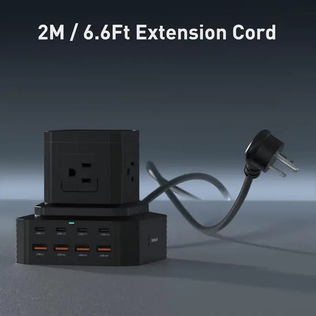 Alt view image 5 of 6 - GEEK FULLY Charging Station (100W), 13-in-1 USB C Power Strip with Surge Protection, 6.6Ft Extension Cord, 4 USB C and 4 USB A Ports, 5 AC Outlets for Home Office Dorm Room