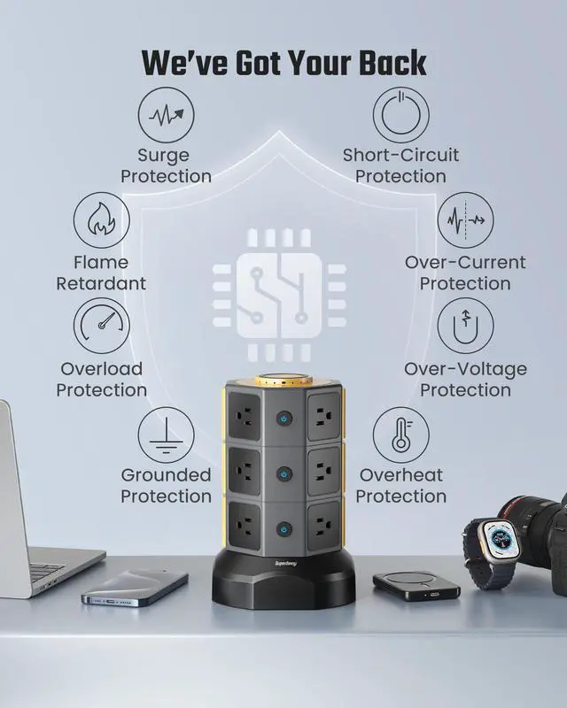 Alt view image 6 of 7 - Power Strip Tower, SUPERDANNY Surge Protector Tower with 15W Wireless Charger, 1050J, 13A Charging Station with 12 AC Outlets & 6 USB Ports (2 USB C), 6.5ft Extension Cord for Home Office Dorm,