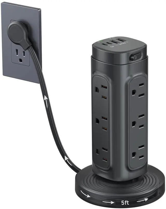 Main image of TROND Retractable Power Strip Tower 5 ft for Easy Cable Management, Black | Space-Saving Vertical Tower Surge Protector 1700J, Flat Plug, 12 AC, 4 USB PD 20W, Home Office Desk Dorm Room Essentials