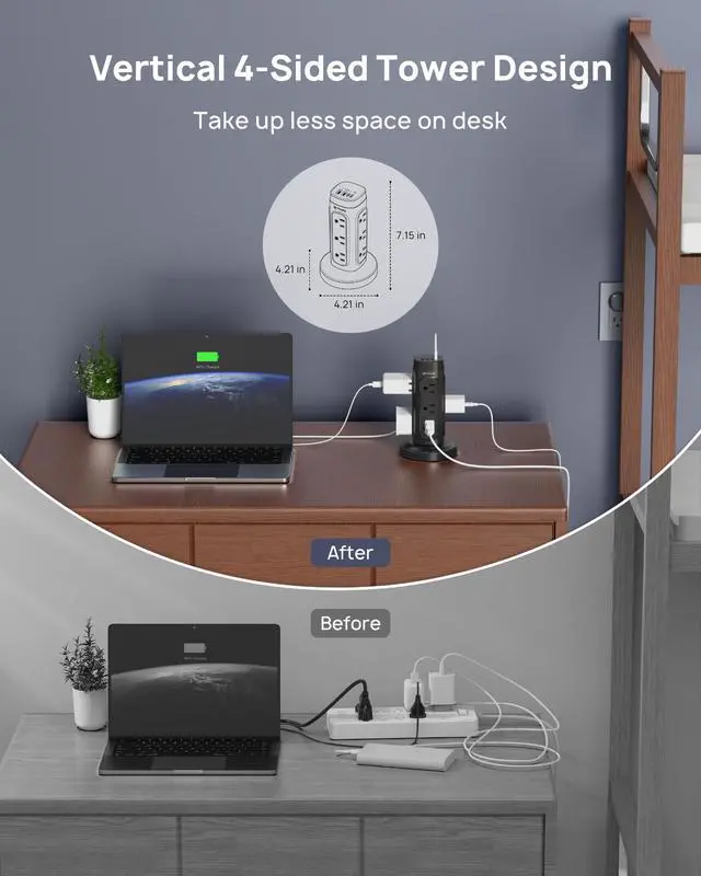 Alt view image 4 of 7 - TROND Retractable Power Strip Tower 5 ft for Easy Cable Management, Black | Space-Saving Vertical Tower Surge Protector 1700J, Flat Plug, 12 AC, 4 USB PD 20W, Home Office Desk Dorm Room Essentials