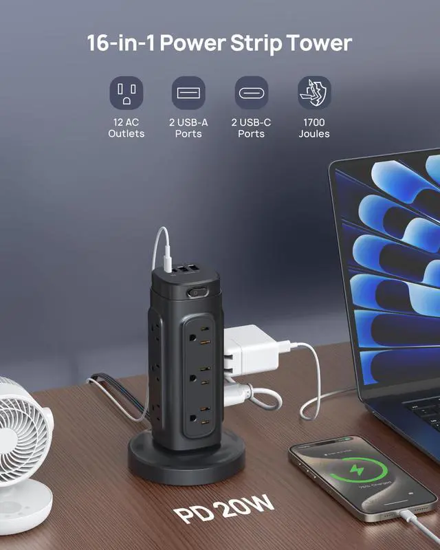 Alt view image 3 of 7 - TROND Retractable Power Strip Tower 5 ft for Easy Cable Management, Black | Space-Saving Vertical Tower Surge Protector 1700J, Flat Plug, 12 AC, 4 USB PD 20W, Home Office Desk Dorm Room Essentials