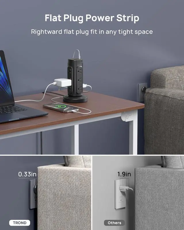 Alt view image 6 of 7 - TROND Retractable Power Strip Tower 5 ft for Easy Cable Management, Black | Space-Saving Vertical Tower Surge Protector 1700J, Flat Plug, 12 AC, 4 USB PD 20W, Home Office Desk Dorm Room Essentials