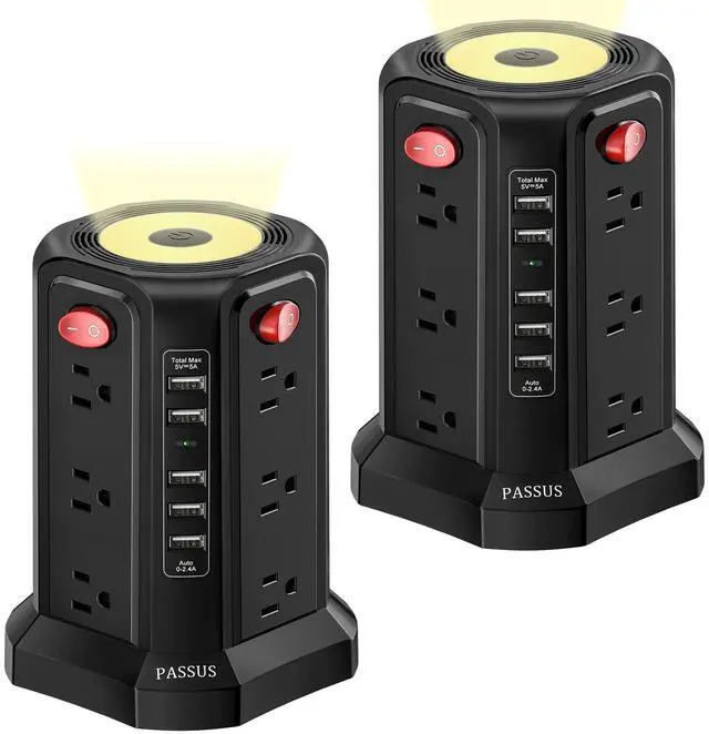 Main image of Surge Protector Power Strip Tower with 5 USB Ports and Night Light, 10FT Extension Cord with 12 AC Multiple Outlets, PASSUS Power Tower, Overload Protection for Home Office Dorm Room (2PC-Black)