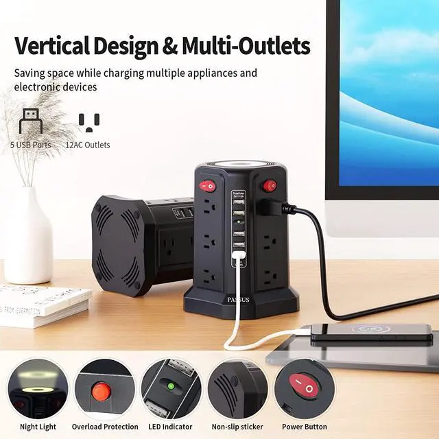 Alt view image 4 of 7 - Surge Protector Power Strip Tower with 5 USB Ports and Night Light, 10FT Extension Cord with 12 AC Multiple Outlets, PASSUS Power Tower, Overload Protection for Home Office Dorm Room (2PC-Black)