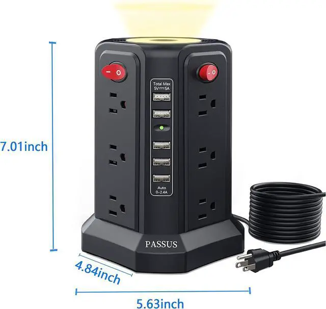 Alt view image 6 of 7 - Surge Protector Power Strip Tower with 5 USB Ports and Night Light, 10FT Extension Cord with 12 AC Multiple Outlets, PASSUS Power Tower, Overload Protection for Home Office Dorm Room (2PC-Black)