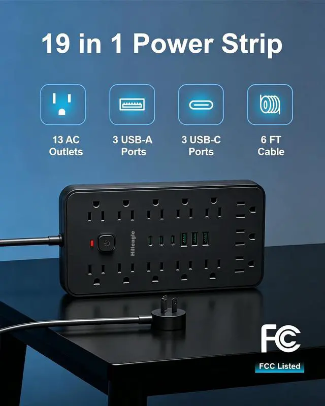 Alt view image 2 of 7 - Power Strip Surge Protector, 6 Ft Flat Plug Extension Cord, 13 Multiple AC Outlets with 6 USB Ports (3 USB C), FCC Certified for Home, Office, Dorm Essentials, 2000 Joules, Black
